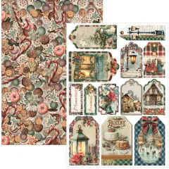 Doppelseitiger Ephemera-Bogen mit Plätzchenmuster und Anhängern wie Schneemann, Weihnachtsshop, Laterne und Bakery-Tag
