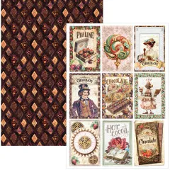 Doppelseitiger Ephemera-Bogen mit Damast-Rautenmuster und neun Sammelbildern mit Chocolatier, Dame und Pralinenschachtel