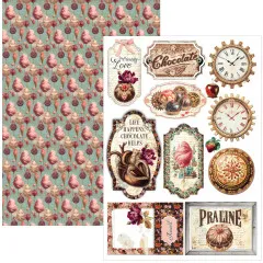 Doppelseitiger Ephemera-Bogen mit Zuckerwatte-Musterpapier und Anhängern mit Uhr, Apfel, Praline und Zitatschild Chocolate