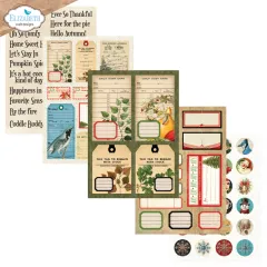 Ephemera-Block Seite mit herbstlichen Texten, Etiketten und Notizen