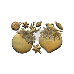 Freigestellte goldfarben gegossene Kugel-Anhänger mit Rentierkopf- und Vogel-Motiv sowie Stern, Eichel und Schneeflocke der Silikonform "Evergreen Antler Emblem"
