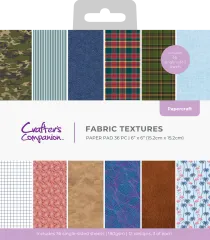 Verpackung des Crafter's Companion Fabric Textures 6x6 Paper Pads mit Stoffmustern wie Camouflage, Jeans, Karo und Flamingoprint