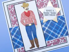 Karte mit Cowboy-Stanzfigur im Paisley-Hemd vor blauem Karomuster mit Rootin-Tootin-Birthday-Gruß