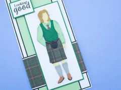 Karte mit männlicher Stanzfigur im grünen Karo-Kilt-Look und Looking-Good-Schriftzug