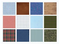 Rasteransicht aller zwölf Stoffmuster des Fabric Textures Papierblocks von Camouflage bis Leder-Optik
