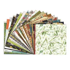 Aufgefächertes Sortiment mit 20 verschiedenfarbigen Scrapbookpapieren in 30,5x30,5 cm, vorne ein grünes Blätter-Motiv