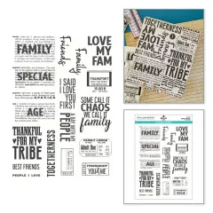 Collage aus einem gestempelten Collage-Tag mit "Family"- und "Togetherness"-Stempeln neben dem Stempelbogen