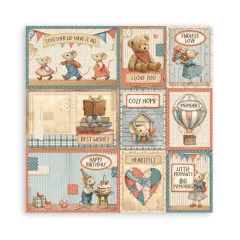 Neun Designpapiere mit Botschaften, Tieren, Haushalt-Motiven, Ballons, Herzen und vielen Text-Layouts für Karten