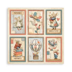 Sechs Designpapiere mit Tierillustrationen, Erinnerungen-Schild, Windmühle, Liebes-Motive, Luftballons und Glückstexte