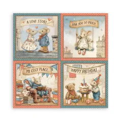 Vier quadratische Designpapiere mit Tiermotiven, blauen und roten Polka Dots, Liebespaar-Motive und Geburtstags-Szenen