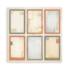 Sechs Designpapiere mit rahmenartigen Layouts, Bordüren in Rot und Blau, teilweise leer für eigene Gestaltung, Vintage-Effekte