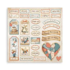 Designpapier mit Vintage-Labels und Mäuse-Motiven in Creme, Blau und Koralle