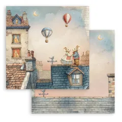 Nachtszene auf Dachterrasse mit Mausepaar, Luftballons und Mond, Vintage-Briefe im Hintergrund