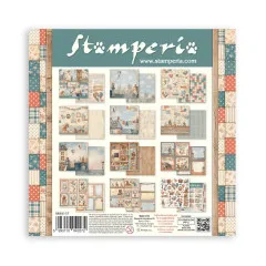 Rückseite des Stamperia Family Paper Packs mit Übersicht aller 10 Designpapiere der Kollektion und Produktinformationen