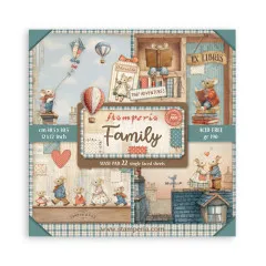 Stamperia Family Paper Pad mit 22 Designpapieren, 30,5 x 30,5 cm, in Blau, Korall und Creme mit Motiven von Häusern, Luftballons, Mäusen und Vintage-Elementen