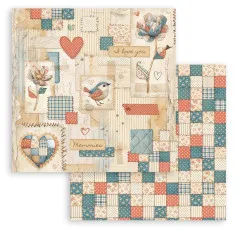 Patchwork-Designpapier mit Blumenmotiven, Vögeln und Herzen sowie kariertes Musterblatt in Blau und Creme