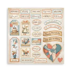Einzelnes Designpapier mit Familien-Labels, Sentimentale Texte und dekorativen Elementen in Beige und Creme