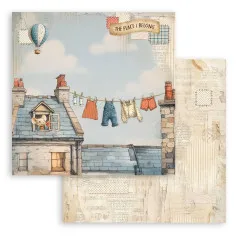 Haus mit Wäscheleine und Maus im Fenster, Luftballon und Vintage-Briefe, Dachlandschaft mit Familie auf dem Dach