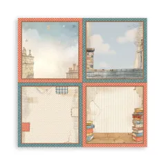 Vier Designpapiere mit Architektur-Motiven, Gebäude, Himmelsszenen, Briefe und Bücher, Bordüren in Rot und Blau