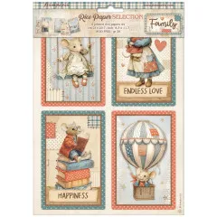 Stamperia Family Rice Paper A4 Set mit 6 Bögen: Motive mit Mäusen, Ballons, Herzen und Schriften auf cremefarbenem Grund