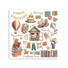 Rub-On Transferfolie mit Familien-Motiven: Luftballon, Maus, Geburtstagskuchen, Häuser und Sprüche wie My place, Always, Family