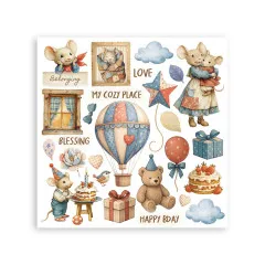 Rub-On Transferfolie mit Heißluftballon, Teddybär, Maus-Motiven, Kuchen und Sprüche My cozy place, Blessing, Happy Bday