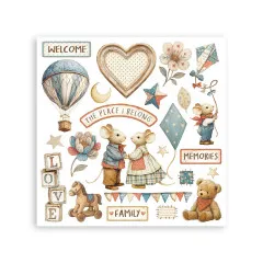 Rub-On Transferfolie mit Herz-Rahmen, Maus-Paar, Luftballon, Willkommens-Schrift und Memories-Label mit Family-Motiven