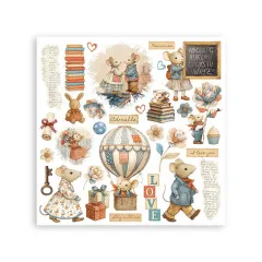 Rub-On Transferfolie mit Maus-Figuren, Heißluftballon, Blüten, Bücher-Stapel, Sprüche Love, Adorable, Stay with me als Vintage-Design