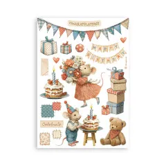 Washi Pad Blatt mit Glückwunsch-Motiven: Geschenke, Luftballons, Kuchen, Mäuse und Teddybär in Creme und Orange