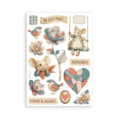 Washi Pad Blatt mit Vogel, Blüten, Maus auf Schaukel und Text My Cozy Place, Memories, Today & Always