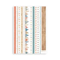 Washi Pad Blatt mit vertikalen Streifen: Punkte, Herzen, Bunting-Flaggen, Sterne und Holzstruktur in Rot und Blaugrün