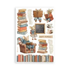 Washi Pad Blatt mit Bücherstapeln, Mäusen beim Lernen, Tassen und Text Happy Moments in Braun und Blau