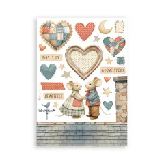 Washi Pad Blatt mit Patchwork-Herzen, Mausfiguren, Text-Labels und Familienmotiven in Creme und Blaugrün