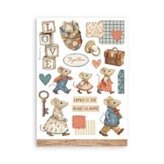 Washi Pad Blatt mit Love-Blocks, Mäusefamilie, Schlüssel und Text Family is the Heart of Home in Creme und Blau