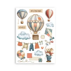 Washi Pad Blatt mit Luftballons, Herzen, Wolken, Wäscheleine und Mausmotiven in Creme, Rot und Blaugrün