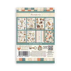Rückseite der Stamperia Family Washi Pad Verpackung mit Übersicht aller 8 Bögen, Produktinformationen und QR-Code