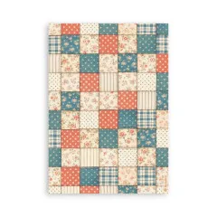 Washi Pad Blatt mit Patchwork-Muster aus Blumendruck, Gingham, Punkte und Streifen in Creme, Rot und Blaugrün
