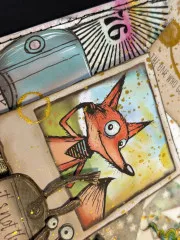 Detailaufnahme: Rot-orange gefärbte Fisch-Illustration mit Gold-Glitter und handgeschriebener Text auf Journal-Seite