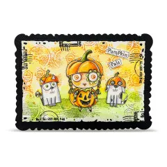 Bunte Postkarte mit buntem Rand, Pumpkin Pals Stempel zeigt Kürbis-Charaktere auf Grün-Gelb Hintergrund mit Schriftzügen