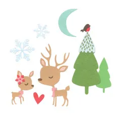 Ausgestanzte winterliche Szene mit Reh, Kitz, Mond, Rotkehlchen und Tannenbäumen, freigestellt ohne Verpackung.