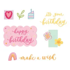 Koloriertes Stanzergebnis mit Kuchen, Herz, Schmetterling, Blume, Regenbogen und 'Happy Birthday'-Schriftzug