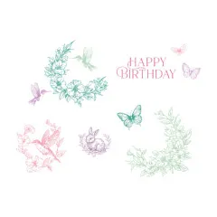 Koloriertes Stempelmotiv mit Kolibris, Blütenranken, Schmetterlingen und rosa 'Happy Birthday'-Schriftzug