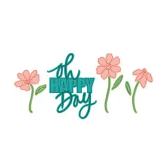 Koloriertes Stempelmotiv mit türkisfarbenem Schriftzug 'Oh Happy Day' und rosa Blüten