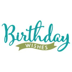 Ausgestanzter Schriftzug „Birthday Wishes" in Petrol mit olivgrüner Banderole, freigestellt ohne Verpackung.