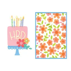 Koloriertes Kuchenmotiv 'HBD' neben mit der Schablone gestaltetem Blüten-Cardstock