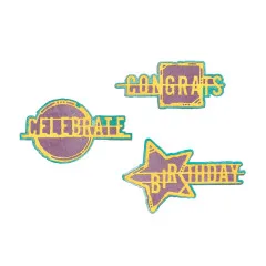 Koloriertes Stanzergebnis der Wortmotive Celebrate, Congrats und Birthday in Lila, Gelb und Türkis