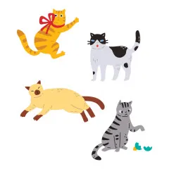 Weitere Farbvariante der vier Katzenmotive: oranger Kater mit Schleife, schwarzweiße Katze, cremefarbene liegende Katze und graue Katze mit Spielzeugvögeln.