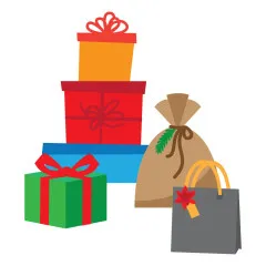 Weitere Farbvariante der Gestaltungselemente: gestapelte Geschenkboxen in Orange/Rot/Blau, grünes Geschenk, Sack und graue Tragetasche.