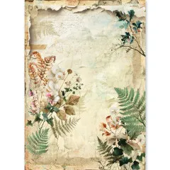 Reispapier-Bogen mit Vintage-Hintergrund und Rahmen aus Farnen und Wildblumen im Design The Nature Journal