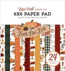Verpackungsvorderseite des Echo Park 6x6 Paper Pads „Feels Like Fall” mit gestapelten Musterpapieren in Kürbis- und Blättermotiven